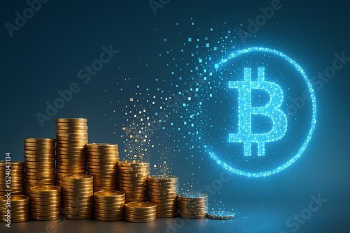 Stacks of golden coins dissolving into a glowing digital Bitcoin symbol, representing cryptocurrency, blockchain technology, and the transition to digital finance.