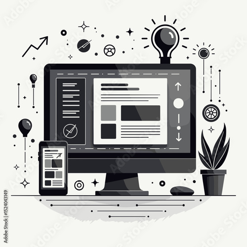 Computer monitor displaying web design elements with smartphone and plant  