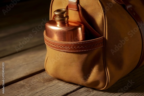 A Classic Travel Bag with a Copper Flask in its Exterior Pocket