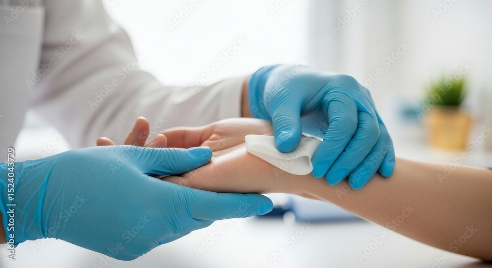 Obraz premium Doctor cleaning patient arm skin with cotton and blue gloves