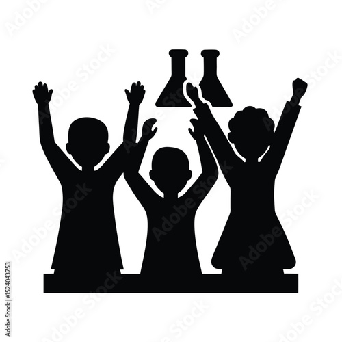 Kids cheering in science class vector silhouette  