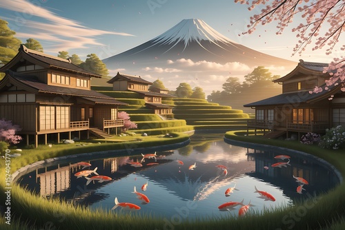 Serene Japanese Village nestled at the foot of majestic Mount Fuji