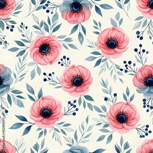 Seamless Watercolor Floral Pattern with Pink, Coral, and Blue Flowers on Pale Beige Background