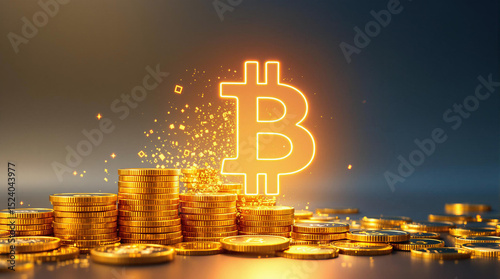 Stacks of golden coins with a glowing Bitcoin symbol, representing cryptocurrency, blockchain technology, and the future of digital finance.