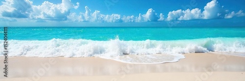Vast, turquoise ocean waves crash on a pristine, sandy beach under a vibrant blue sky The scene is untouched and embodies pure, natural beauty , aquatic, landscape, tropical