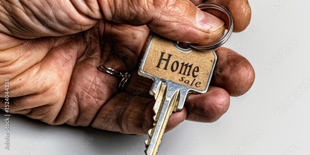 Obraz premium Senior hand holding home sale key, real estate market concept