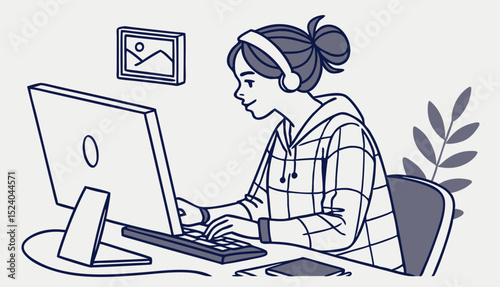 Motion designer woman. Young girl sits at computer screen and edits video. Freelancer and remote worker earn money on Internet. Talented digital artist at workplace. Flat vector illustration          