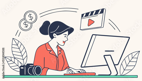 Motion designer woman. Young girl sits at computer screen and edits video. Freelancer and remote worker earn money on Internet. Talented digital artist at workplace. Flat vector illustration          