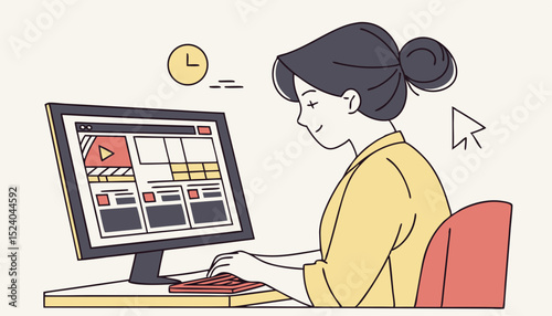 Motion designer woman. Young girl sits at computer screen and edits video. Freelancer and remote worker earn money on Internet. Talented digital artist at workplace. Flat vector illustration          