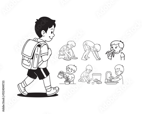 Schoolboy walking backpack daily routine activities kids