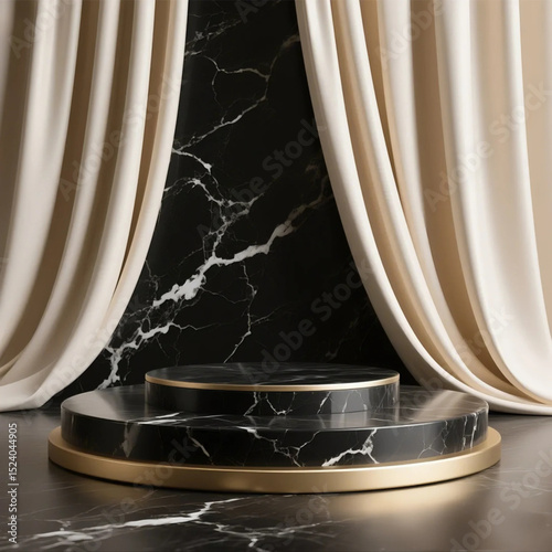 Black Marble Product Display Background with Elegant Fabric Drapes and 3D Podium