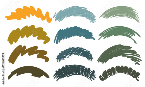 Twelve arched backgrounds of solid brush strokes and pencil hatching on a white background. Doodles and squiggles. Vector set