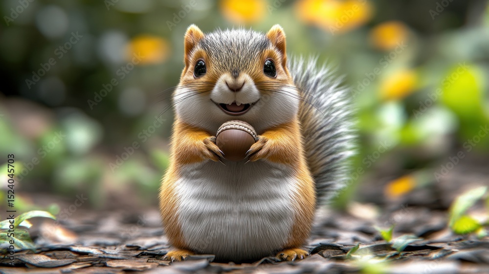 Obraz premium Cute squirrel holding nut