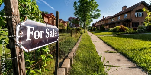 For sale sign announces housing opportunity in residential neighborhood photo