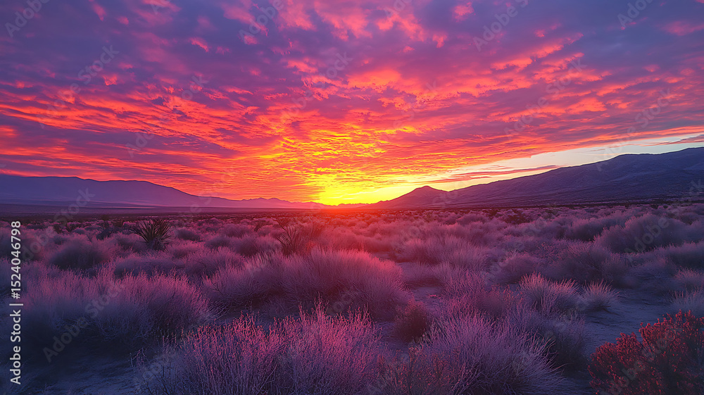 Fototapeta premium Dramatic desert sunset over horizon with vibrant clouds and mountain range scenery enhancing natures beauty