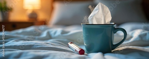 Close-up of tissues, thermometer, and steaming mug on a bedside table, conveying the discomfort of a cold infection , fatigue, viral infection