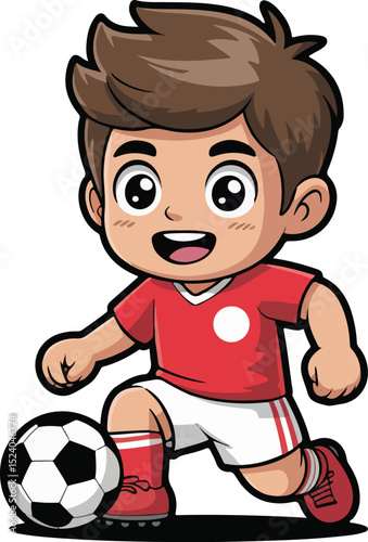 Cartoon soccer player dribbling the ball, ready to score a goal.