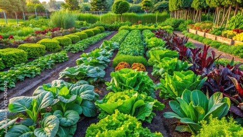 A lush green vegetable garden with a variety of colorful crops , Botanical, Green,  Botanical, Green, Vegetables, Outdoor, Farm