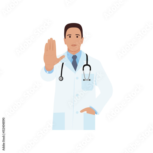 A doctor with their right hand raised, as if signaling to stop. Vector illustration.
