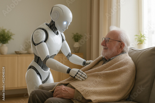Humanoid robot assisting an elderly man in a cozy home environment, symbolizing advanced robotics, caregiving technology, and the future of elderly care.