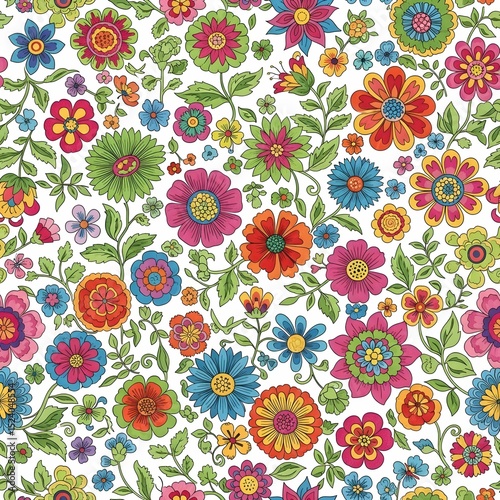 Seamless Stylized Floral Pattern with Hand-Drawn and Embroidered Texture on White Background