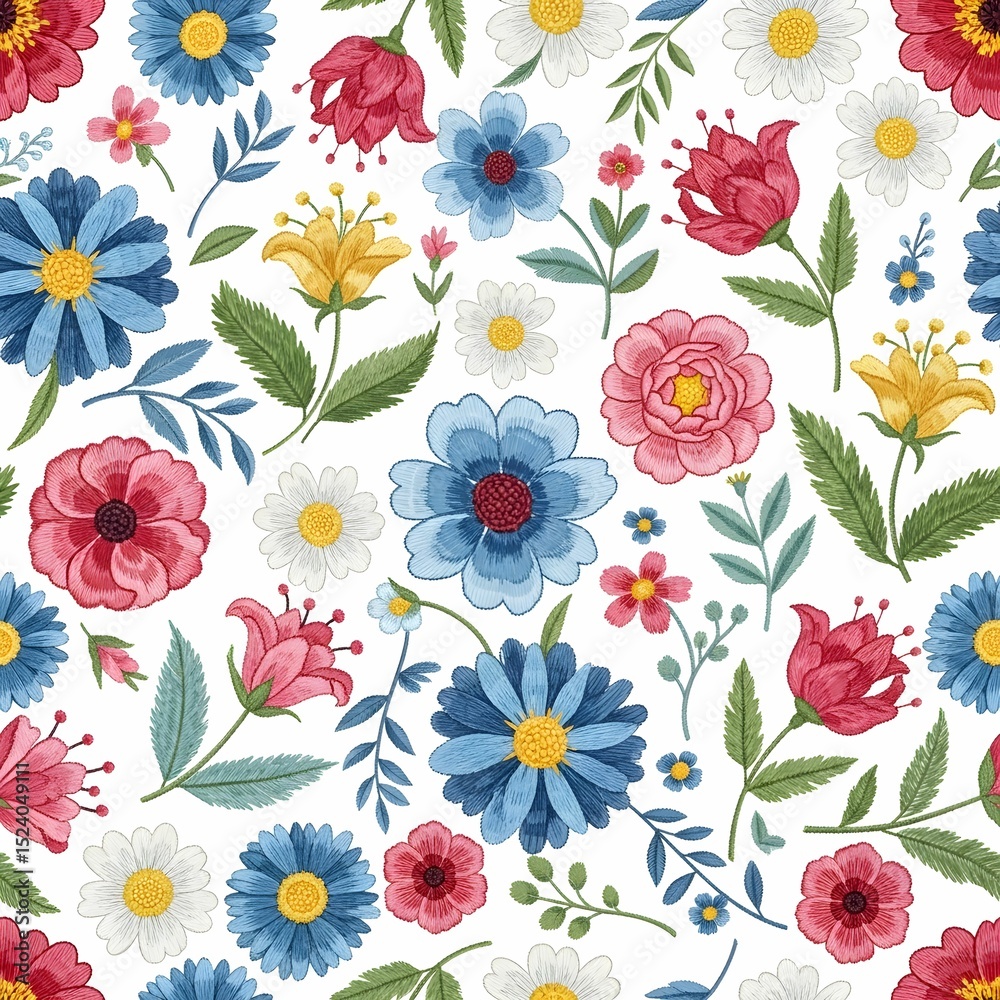 Seamless Stylized Floral Pattern with Hand-Drawn and Embroidered Texture on White Background Seamless Stylized Floral Pattern with Hand-Drawn and Embroidered Texture on White Background