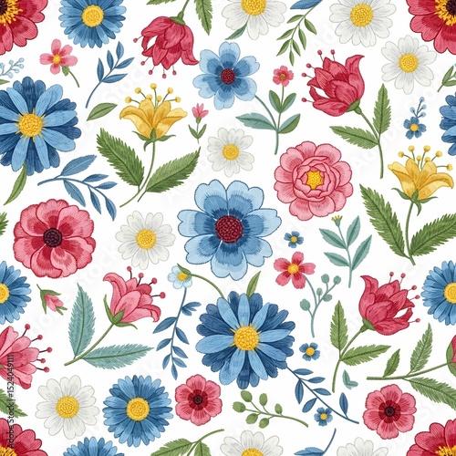 Seamless Stylized Floral Pattern with Hand-Drawn and Embroidered Texture on White Background