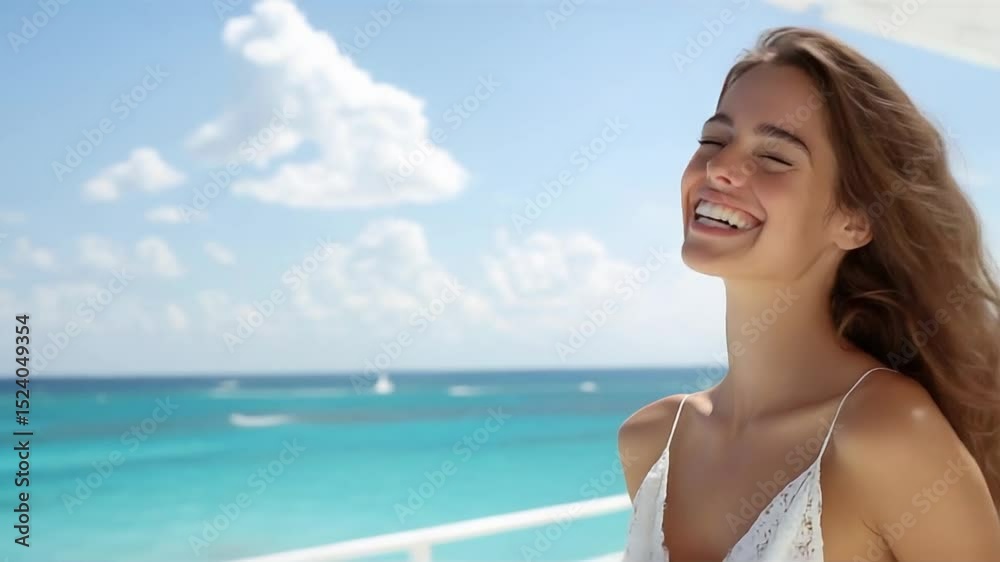 Joyful Woman On Tropical Balcony, White Top Flowing In Light Breeze, Overlooking Blue Ocean, Distant White Waves And Railing Joyful Woman On Tropical Balcony, White Top Flowing In Light Breeze, Overlooking Blue Ocean, Distant White Waves And Railing
