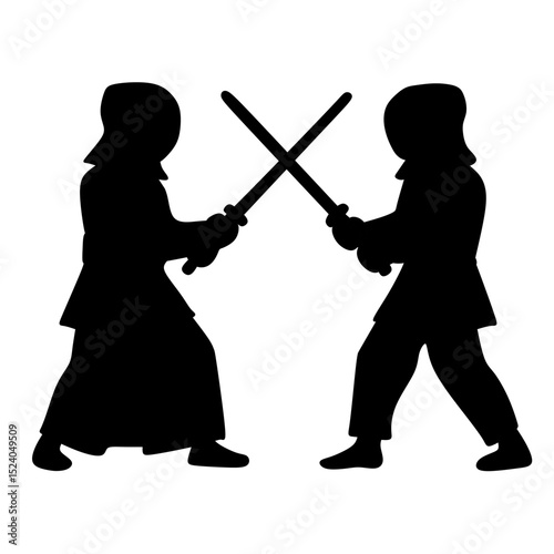 Silhouette of two Kendo fighters fighting. Kendo is a Japanese sport. Silhouette of men fighting. Vector illustration