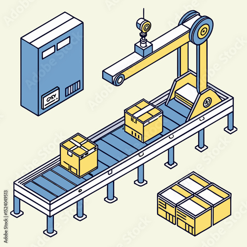 Yellow boxes move along a blue conveyor belt with a robotic arm, a factory scene silhouette vector