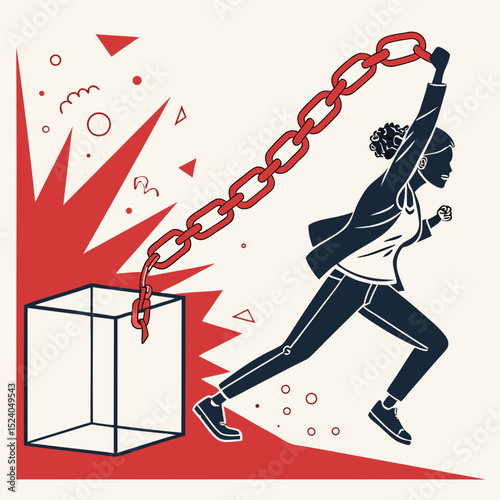 Determined woman breaks free from a red chain and box, isolated on white background silhouette vector