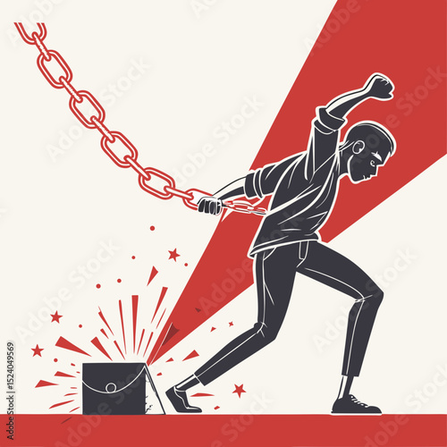 Man breaking free from chains, a symbol of liberation and strength, isolated on white background silhouette vector
