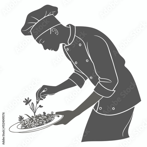 Chef delicately garnishing a pasta dish with flowers, isolated on white background silhouette vector
