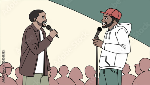 Comedian artist persons with microphone perform stand-up comedy show on stage vector set, audience listening jokes   