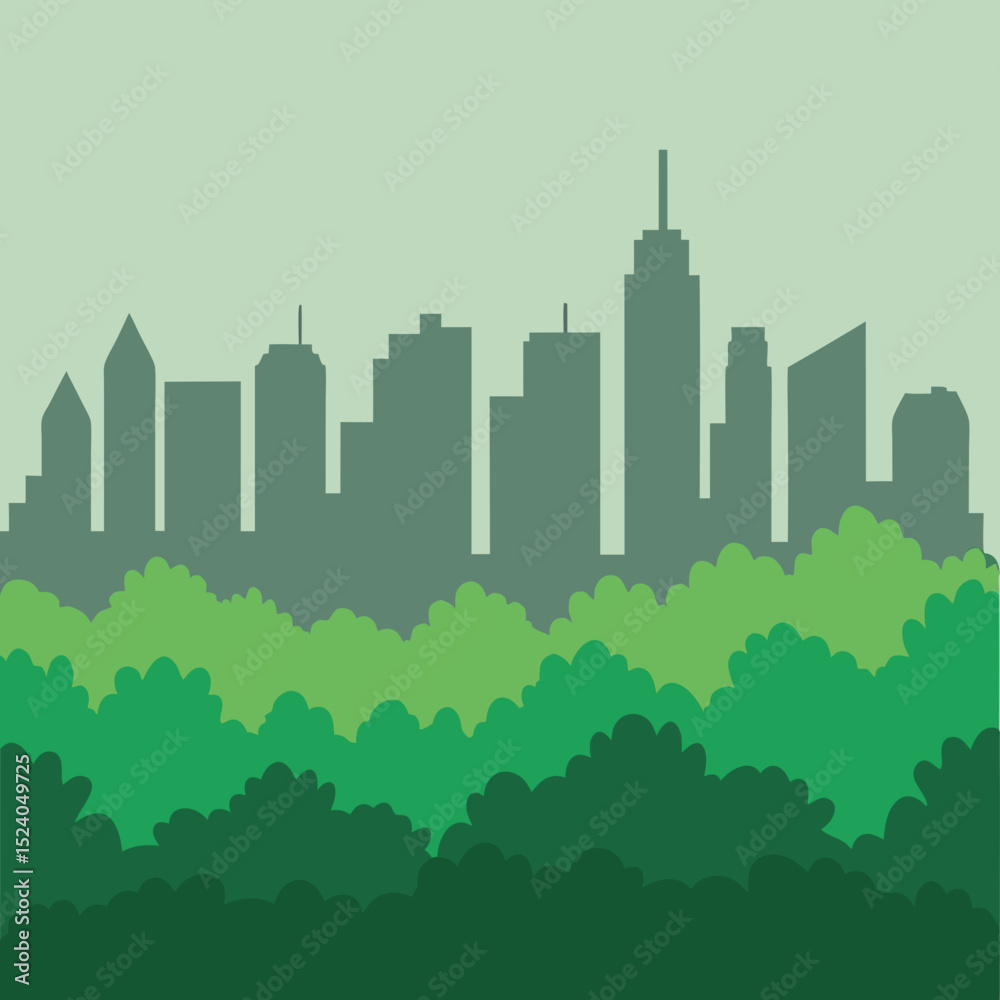 Fototapeta premium Verdant trees meet the city skyline in a tranquil, greentoned urban landscape silhouette vector