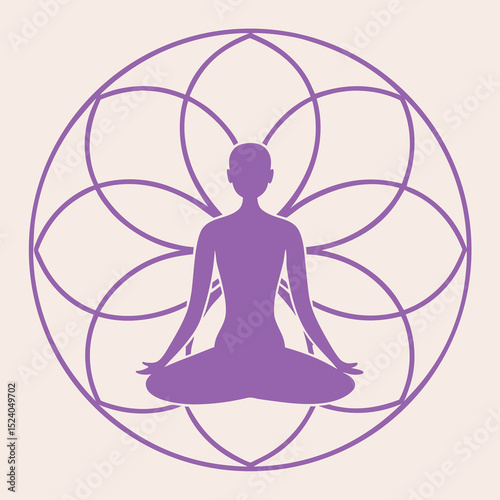 Meditating figure in lotus position within a geometric flower, silhouette vector