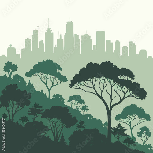 Verdant trees stand against a city skyline, a blend of nature and urbanity silhouette vector