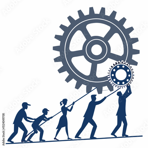 Teamwork lifts a gear with poles, isolated on white background silhouette vector