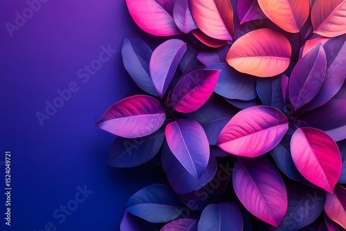 An artful, symmetrical display of vibrant leaves in a spectrum of pink and purple hues, against a contrasting deep-blue background, creating a harmonious and captivating visual.