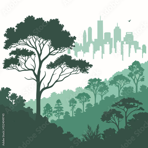 Verdant trees stand against a city skyline, a bird soars above, isolated on white background silhouette vector