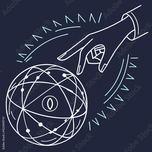 A hand touches a glowing sphere with orbiting nodes, surrounded by radiating lines silhouette vector