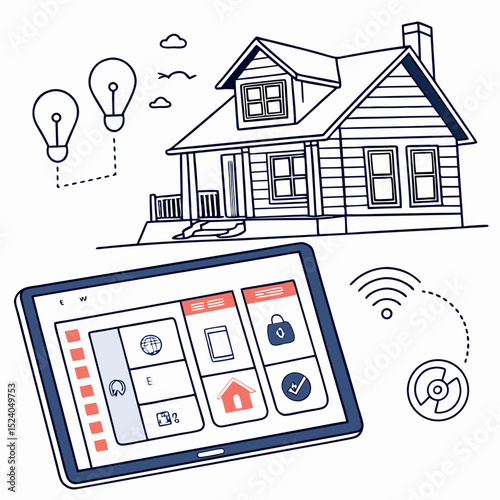 Smart home control on tablet with house and light bulbs isolated on white background, silhouette vector