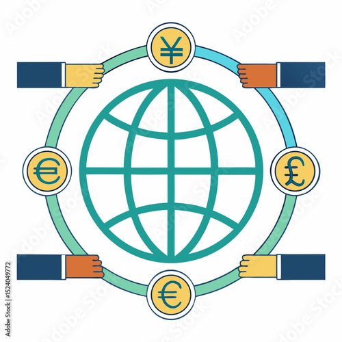 Global finance with euro, pound, and yen currencies held by diverse hands around a world globe isolated on white background silhouette vector