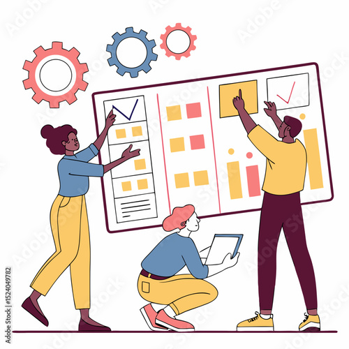 Team collaborating on a project roadmap with gears above, isolated on white background silhouette vector