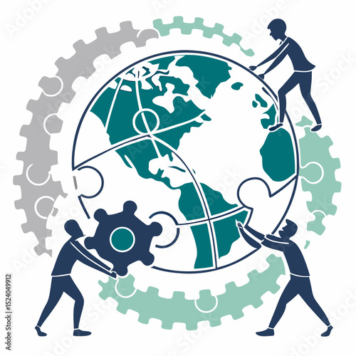 Teamwork assembling a world globe puzzle with gears, isolated on white background silhouette vector