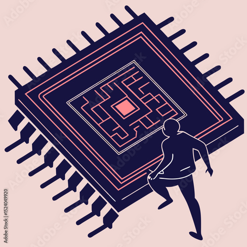 A man climbs a giant computer chip with pink circuit lines, silhouette vector