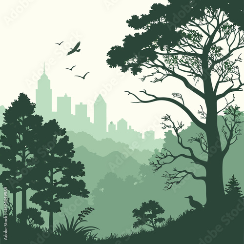 Verdant trees frame a distant city skyline, birds soar above, a tranquil urban nature scene silhouette vector
