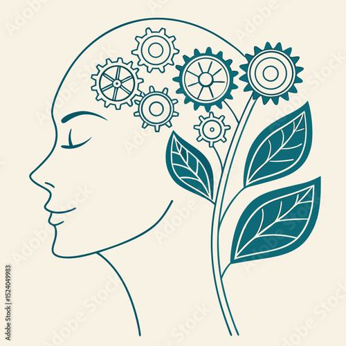 Mind in motion with gears and floral growth, a symbol of intellect and nature, silhouette vector