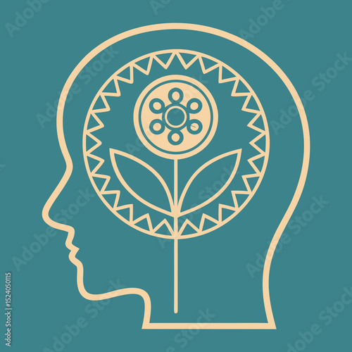 Floral bloom within a human head, a mental garden concept silhouette vector