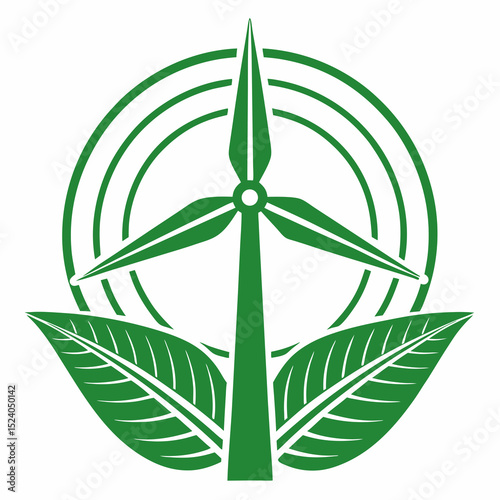 Green wind turbine with leaves isolated on white background, a symbol of renewable energy silhouette vector